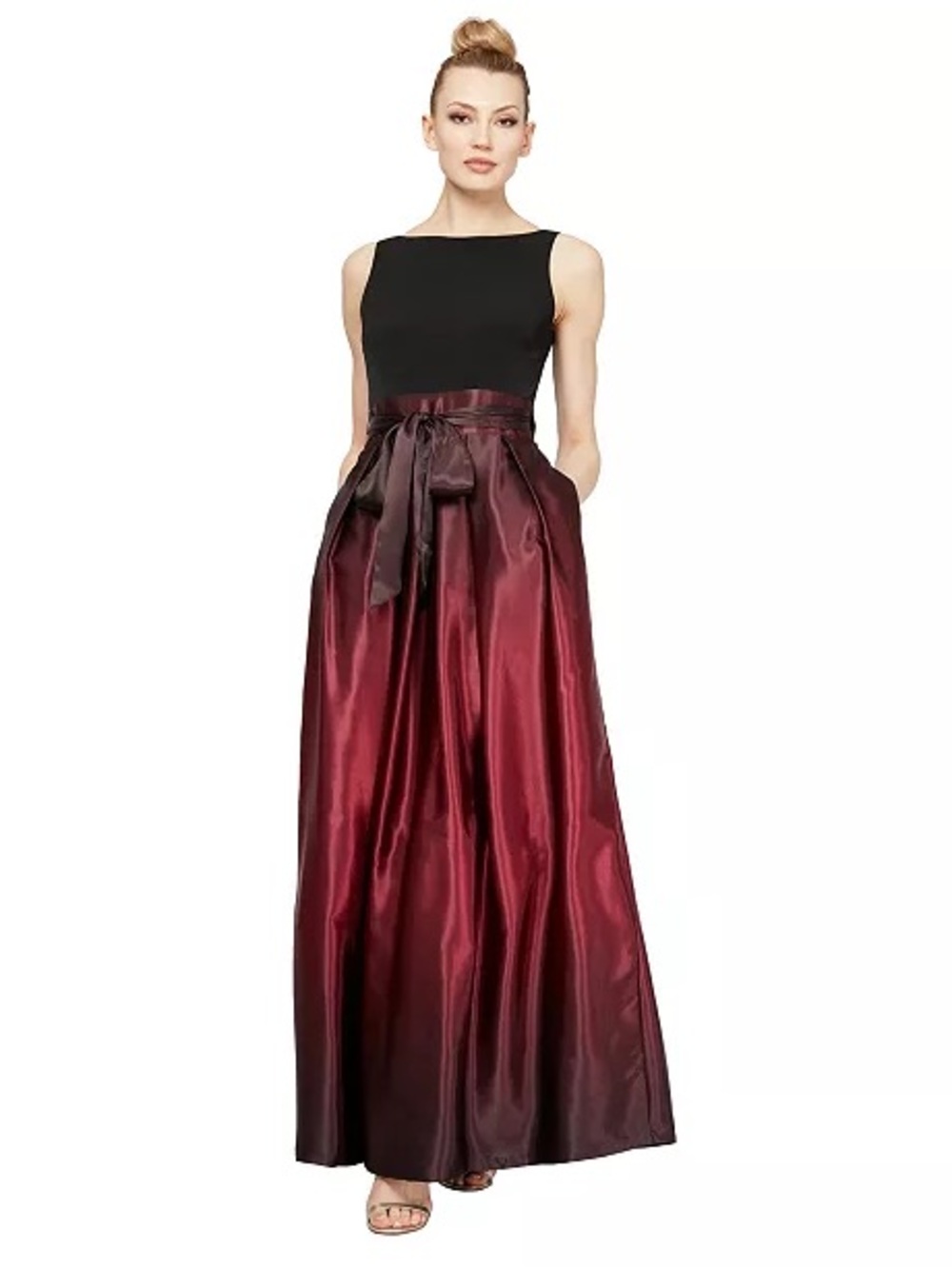 S.L. Fashions Black Bodice with Burgundy Satin Maxi Gown